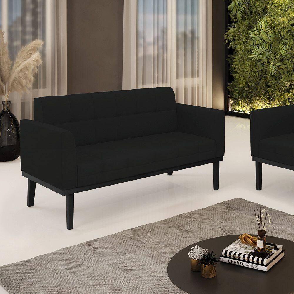 Poltrona Namoradeira Decorativa Pés Fixo Em Madeira Preto Linho Preto