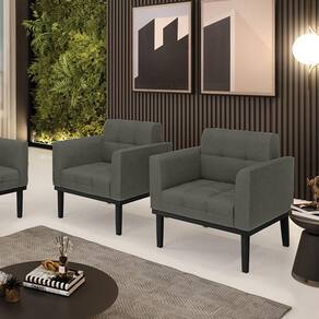 Kit 2 Poltronas Decorativas Pés Fixo Em Madeira Preto Linho Cinza Mesclado