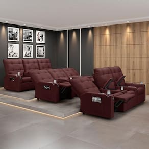 Poltrona Do Papai Reclinável Sala De Cinema Movie 3 Lugares Manual Baú Usb Veludo Vinho