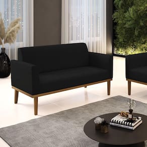 Poltrona Namoradeira Decorativa Pés Fixo Em Madeira Castanho Linho Preto