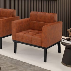Poltrona Decorativa Pés Fixo Em Madeira Preto Pu Nozes
