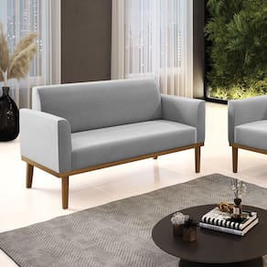 Poltrona Namoradeira Decorativa Pés Fixo Em Madeira Castanho Suede Cinza