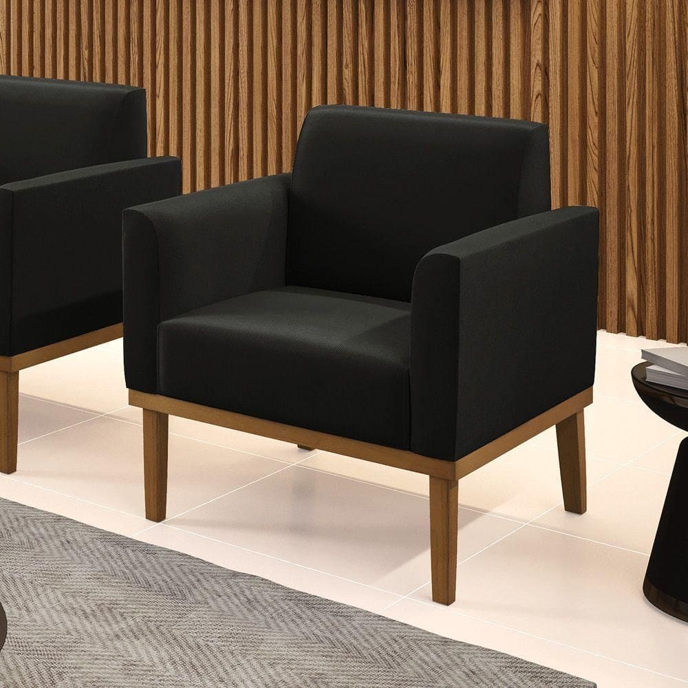 Poltrona Decorativa Pés Fixo Em Madeira Castanho Suede Preto