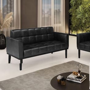 Poltrona Namoradeira Decorativa Pés Fixo Em Madeira Preto Pu Preto Brilho