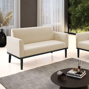Poltrona Namoradeira Decorativa Pés Fixo Em Madeira Preto Suede Bege