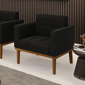 Poltrona Decorativa Pés Fixo Em Madeira Castanho Suede Preto