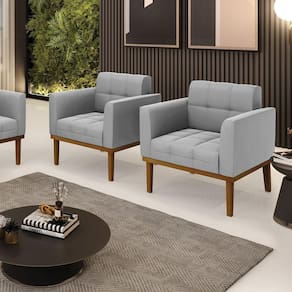 Kit 2 Poltronas Decorativas Pés Fixo Em Madeira Castanho Suede Cinza