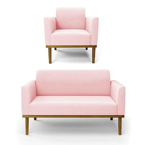 Conjunto Poltrona E Namoradeira Decorativa Pés Fixo Em Madeira Castanho Suede Rosa Bebê