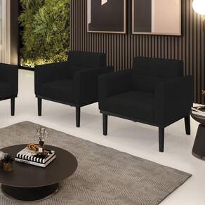 Kit 2 Poltronas Decorativas Pés Fixo Em Madeira Preto Linho Preto