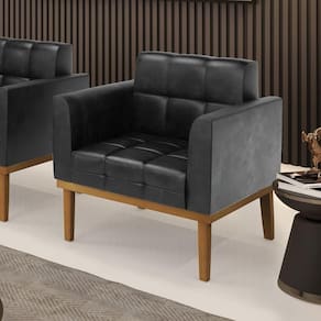 Poltrona Decorativa Pés Fixo Em Madeira Castanho Pu Preto Brilho