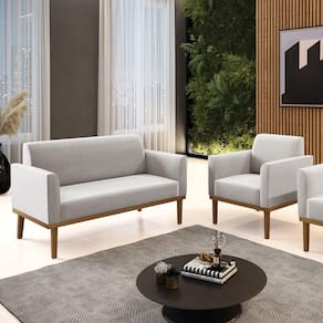 Conjunto Poltrona E Namoradeira Decorativa Pés Fixo Em Madeira Castanho Veludo Cinza