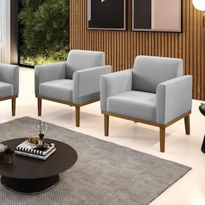 Kit 2 Poltronas Decorativas Pés Fixo Em Madeira Castanho Suede Cinza