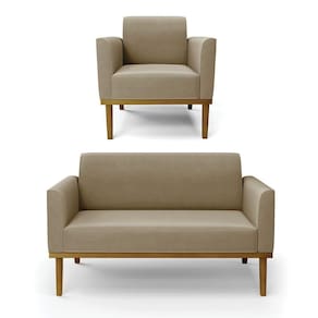 Conjunto Poltrona E Namoradeira Decorativa Pés Fixo Em Madeira Castanho Suede Nude