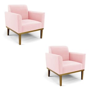 Kit 2 Poltronas Decorativas Pés Fixo Em Madeira Castanho Suede Rosa Bebê