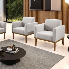 Kit 2 Poltronas Decorativas Pés Fixo Em Madeira Castanho Veludo Cinza