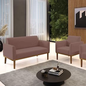 Conjunto Poltrona E Namoradeira Decorativa Pés Fixo Em Madeira Castanho Veludo Rose