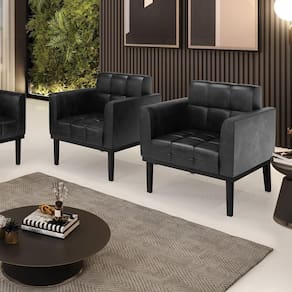 Kit 2 Poltronas Decorativas Pés Fixo Em Madeira Pu Preto Brilho