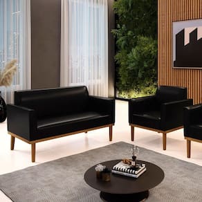 Conjunto Poltrona E Namoradeira Decorativa Pés Fixo Em Madeira Castanho Pu Preto Brilho