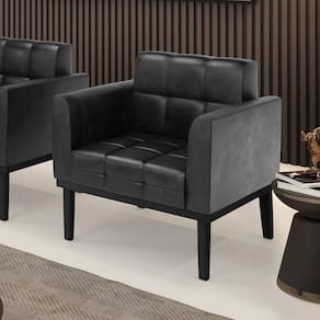 Poltrona Decorativa Pés Fixo Em Madeira Pu Preto Brilho