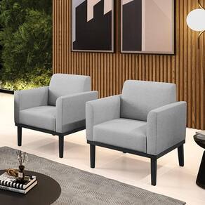 Kit 2 Poltronas Decorativas Pés Fixo Em Madeira Preto Linho Cinza
