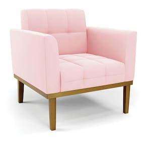 Poltrona Decorativa Pés Fixo Em Madeira Castanho Suede Rosa Bebê