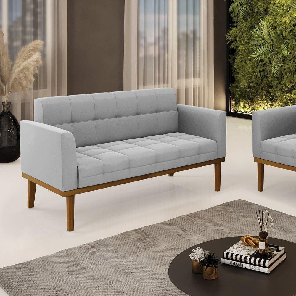 Poltrona Namoradeira Decorativa Pés Fixo Em Madeira Castanho Suede Cinza