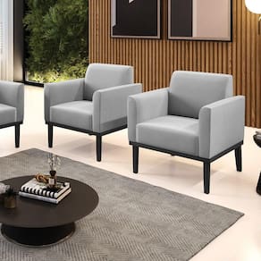 Kit 2 Poltronas Decorativas Pés Fixo Em Madeira Preto Suede Cinza