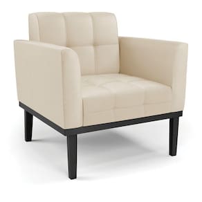 Poltrona Decorativa Pés Fixo Em Madeira Preto Pu Bege