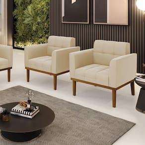 Kit 2 Poltronas Decorativas Pés Fixo Em Madeira Castanho Suede Bege