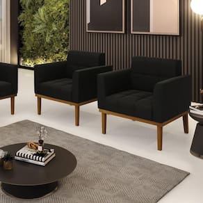 Kit 2 Poltronas Decorativas Pés Fixo Em Madeira Castanho Suede Preto