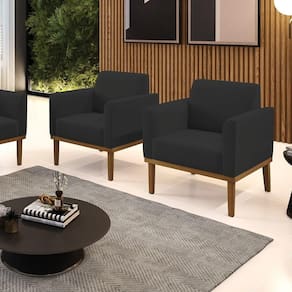Kit 2 Poltronas Decorativas Pés Fixo Em Madeira Castanho Veludo Preto