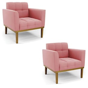 Kit 2 Poltronas Decorativas Pés Fixo Em Madeira Castanho Suede Rose