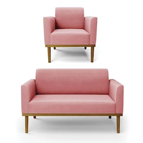 Conjunto Poltrona E Namoradeira Decorativa Pés Fixo Em Madeira Castanho Suede Rose