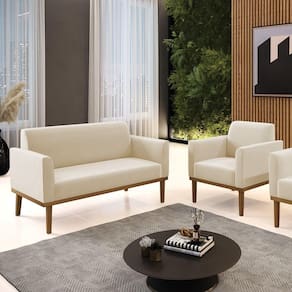 Conjunto Poltrona E Namoradeira Decorativa Pés Fixo Em Madeira Castanho Suede Bege