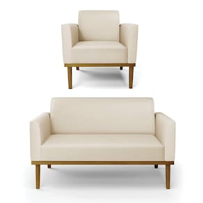 Conjunto Poltrona E Namoradeira Decorativa Pés Fixo Em Madeira Castanho Pu Bege