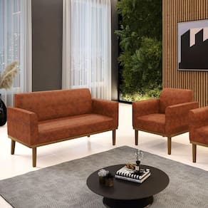 Conjunto Poltrona E Namoradeira Decorativa Pés Fixo Em Madeira Castanho Pu Nozes