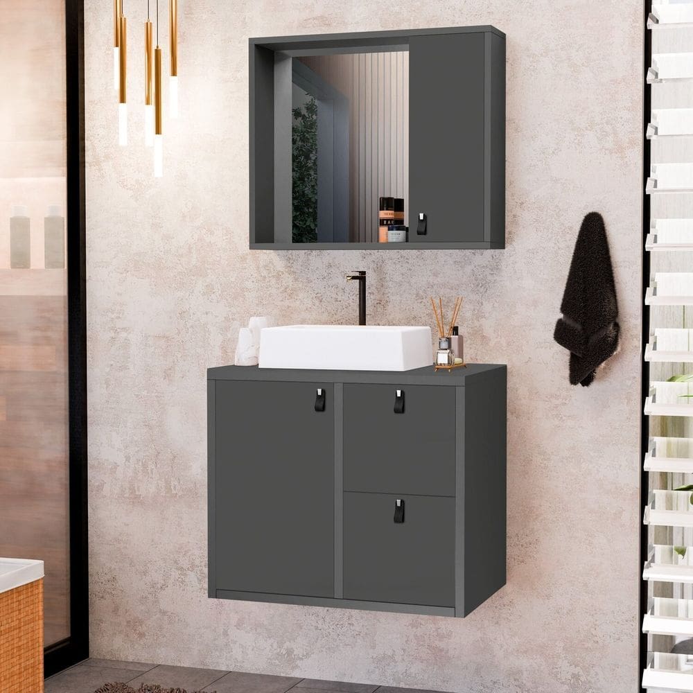 Conjunto Gabinete para Banheiro com Cuba Sobrepor e Espelheira Toro 60 Cm Grafite