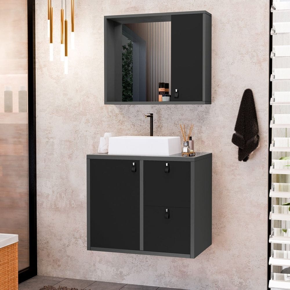 Conjunto Gabinete para Banheiro com Cuba Sobrepor e Espelheira Toro 60 Cm com Vidro Grafite / Preto