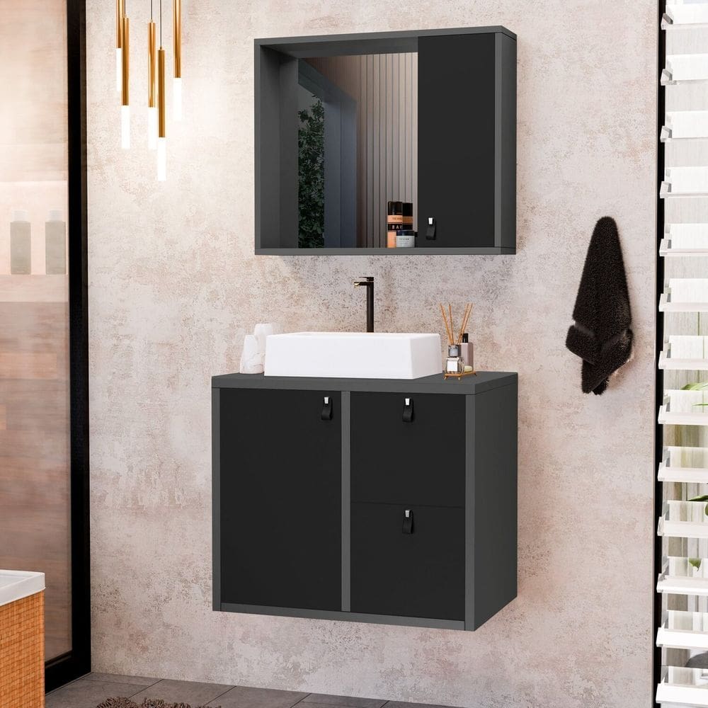 Conjunto Gabinete para Banheiro com Cuba Sobrepor e Espelheira Toro 60 Cm Grafite / Preto