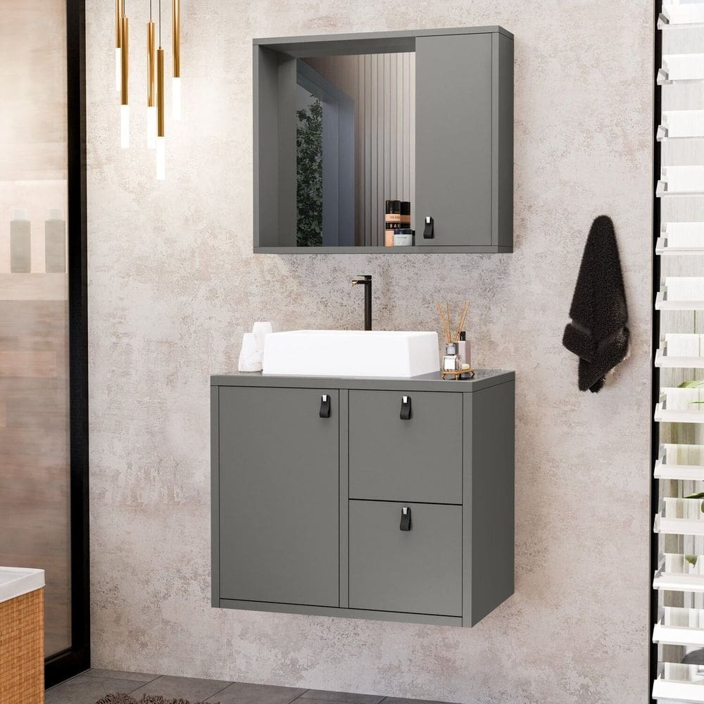 Conjunto Gabinete para Banheiro com Cuba Sobrepor e Espelheira Toro 60 Cm com Vidro Grafite