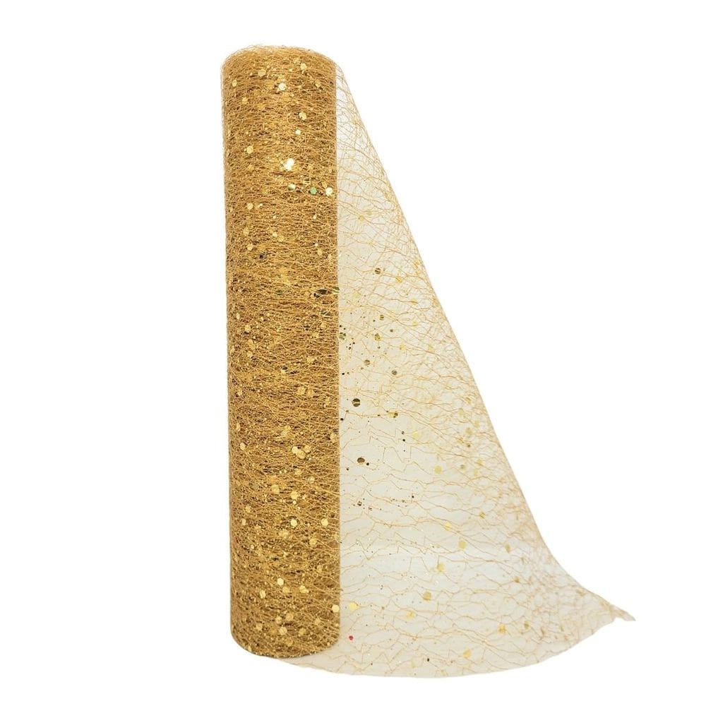Tela Decorativa Fita Natal Malha Dourado Lantejoulas Brilho Luxo 24cm x 5 metros – Magizi
