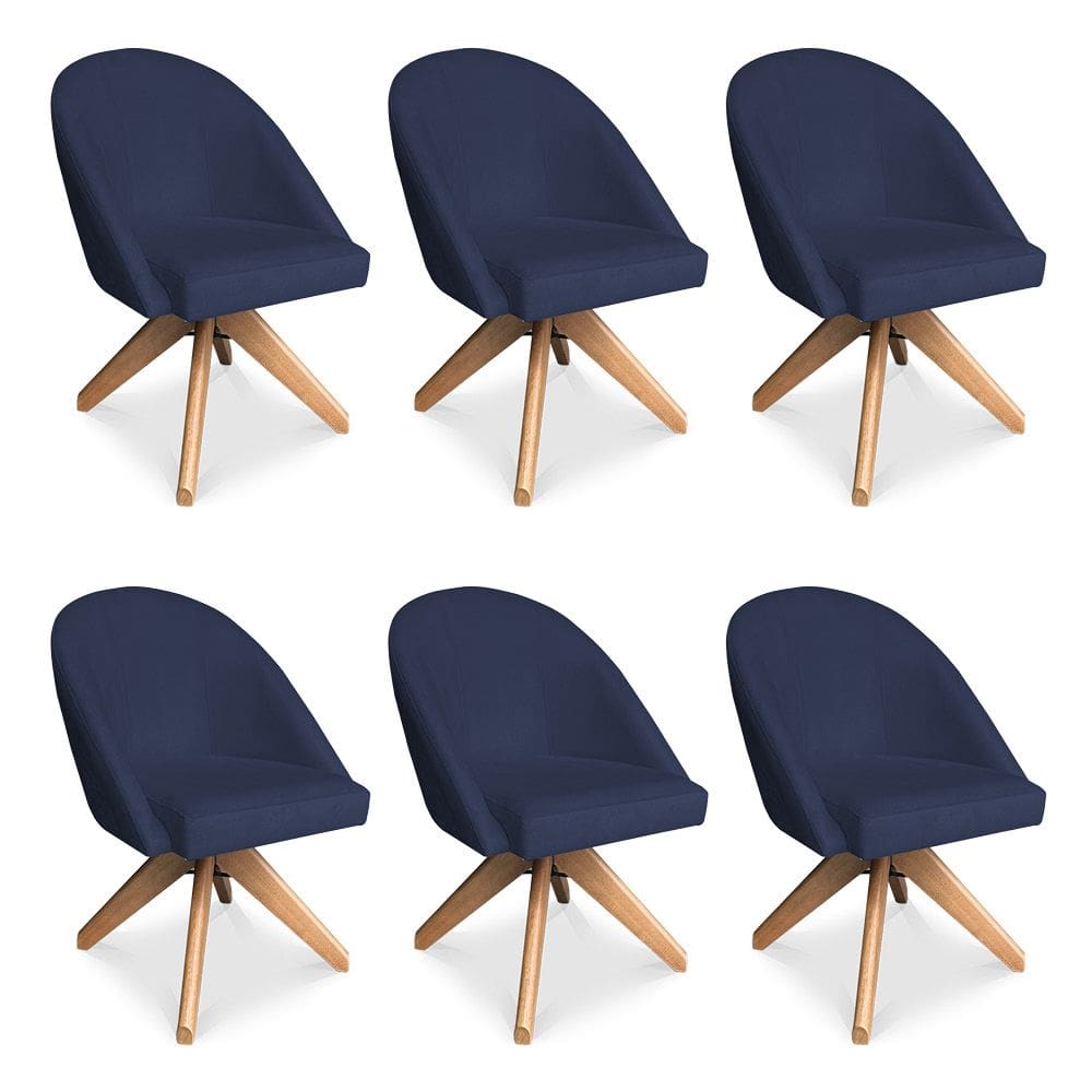 Kit 06 Poltronas Cadeira Giratória Bela Suede Azul Marinho Base de Madeira - Pallazio
