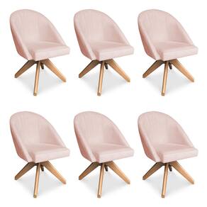 Kit 06 Poltronas Cadeira Giratória Bela Suede Rosa Bebê Base de Madeira - Pallazio
