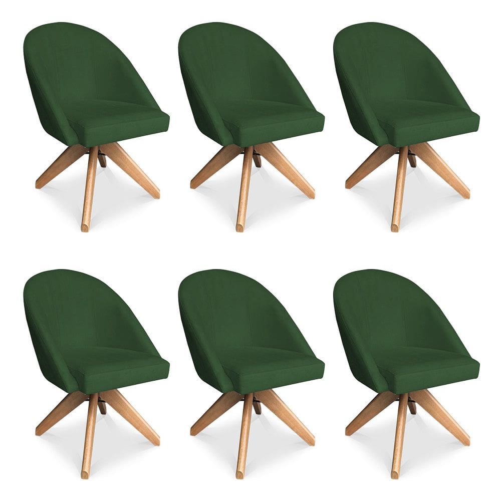 Kit 06 Poltronas Cadeira Giratória Bela Suede Verde Base de Madeira - Pallazio
