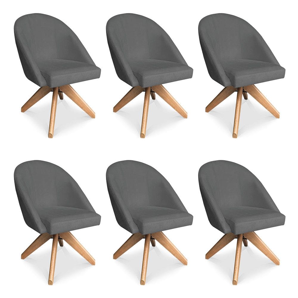 Kit 06 Poltronas Cadeira Giratória Bela Suede Grafite Base de Madeira - Pallazio