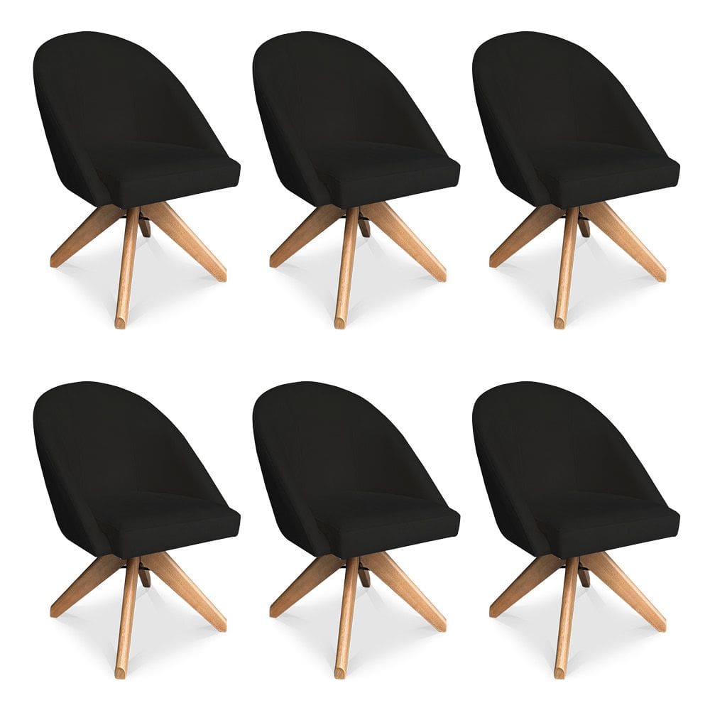 Kit 06 Poltronas Cadeira Giratória Bela Suede Preto Base de Madeira - Pallazio