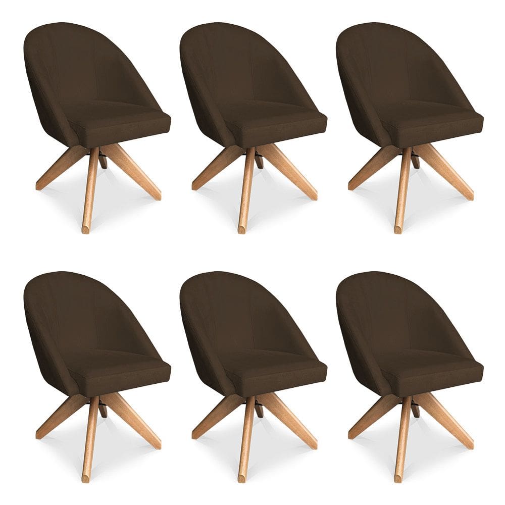 Kit 06 Poltronas Cadeira Giratória Bela Suede Marrom Base de Madeira - Pallazio