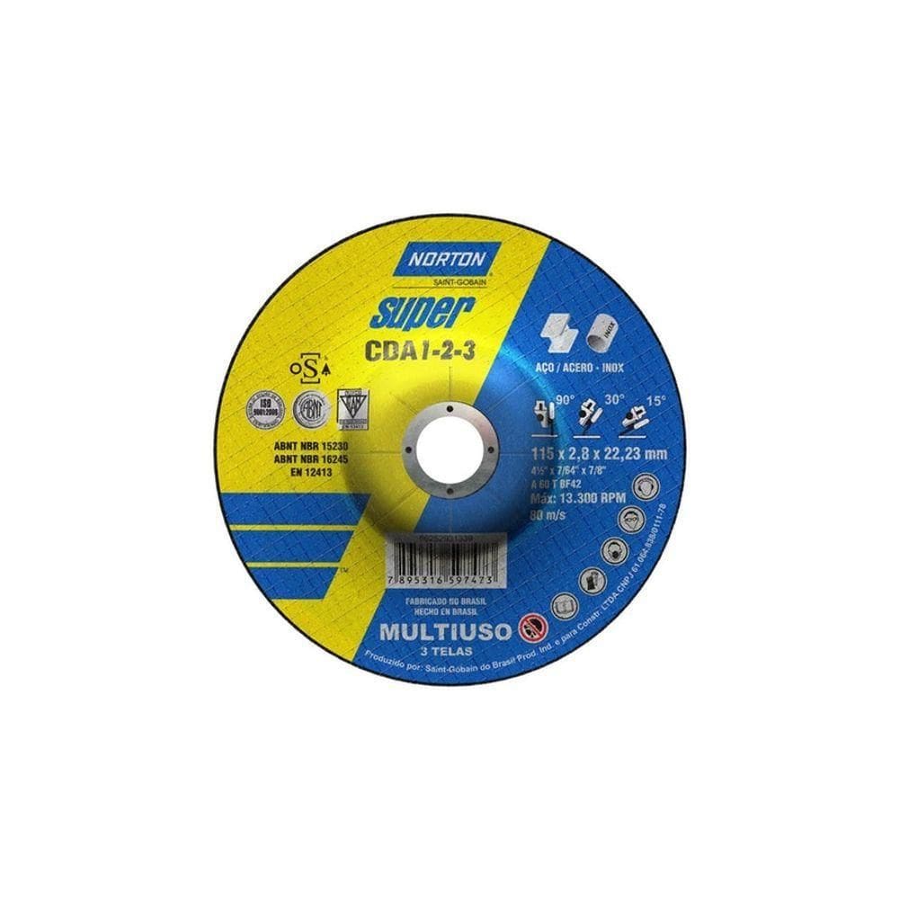 Disco De Corte/desbaste Multiuso Para Ferro 4.1/2 2.8mm 7/8 Norton