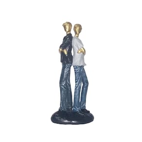 Estatueta Decorativa Dupla de Irmãos em Gesso Colorida