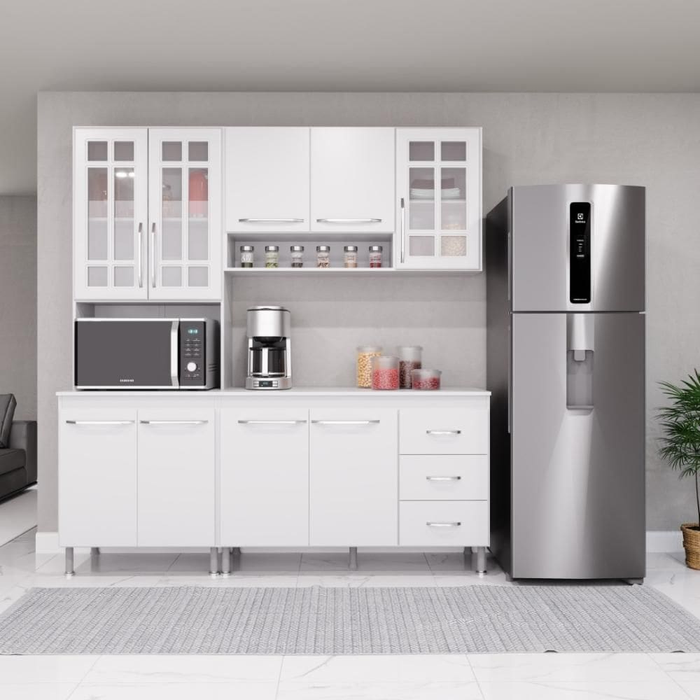 Cozinha Modulada Compacta Fidelitá Viena 3 Peças 190cm 9 Portas 3 Gavetas Com Tampo Branco